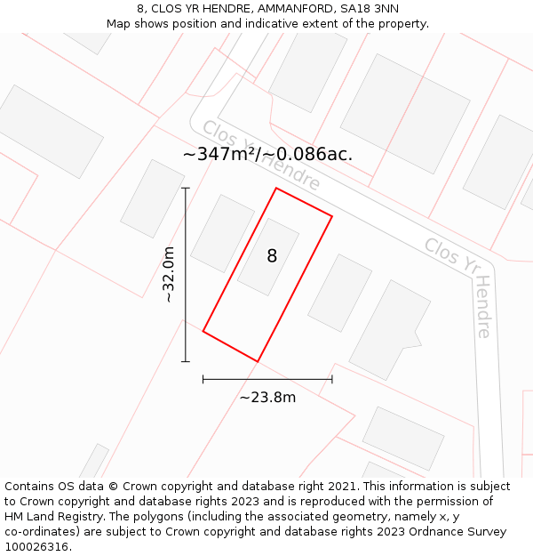 8, CLOS YR HENDRE, AMMANFORD, SA18 3NN: Plot and title map