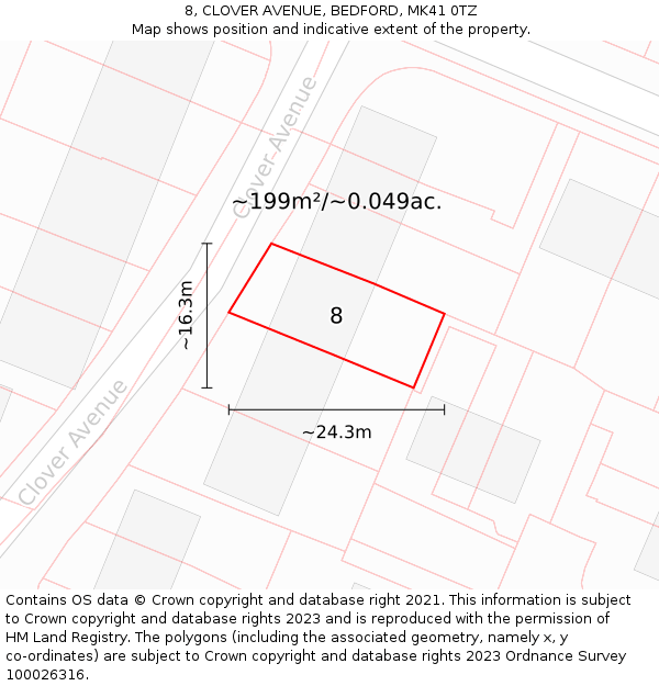 8, CLOVER AVENUE, BEDFORD, MK41 0TZ: Plot and title map