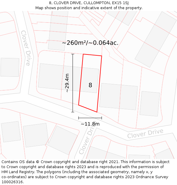 8, CLOVER DRIVE, CULLOMPTON, EX15 1SJ: Plot and title map