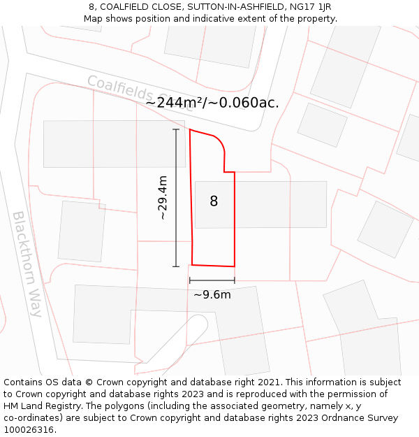 8, COALFIELD CLOSE, SUTTON-IN-ASHFIELD, NG17 1JR: Plot and title map