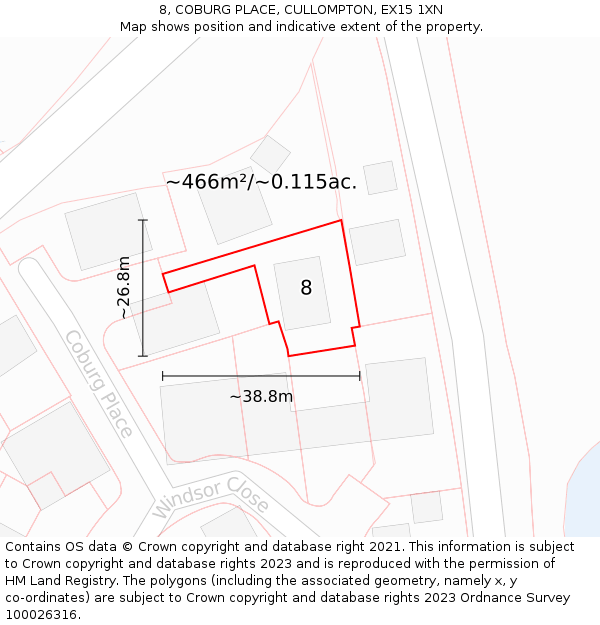 8, COBURG PLACE, CULLOMPTON, EX15 1XN: Plot and title map