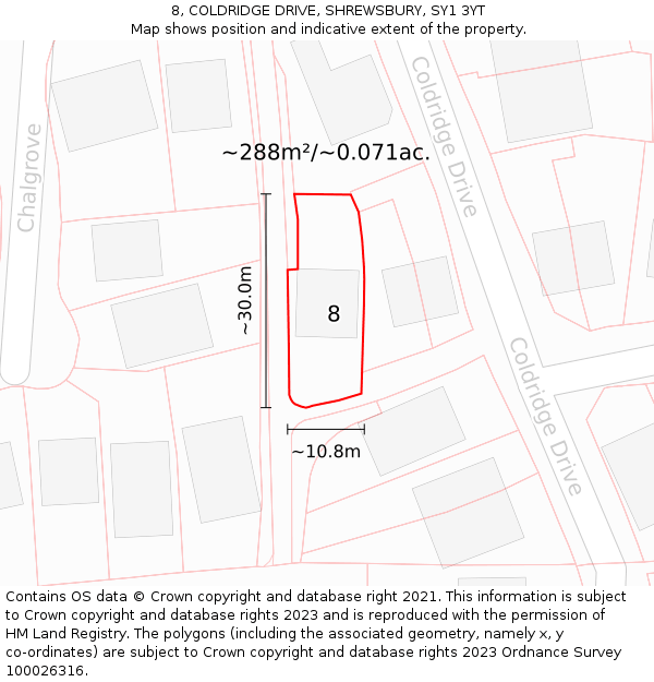 8, COLDRIDGE DRIVE, SHREWSBURY, SY1 3YT: Plot and title map