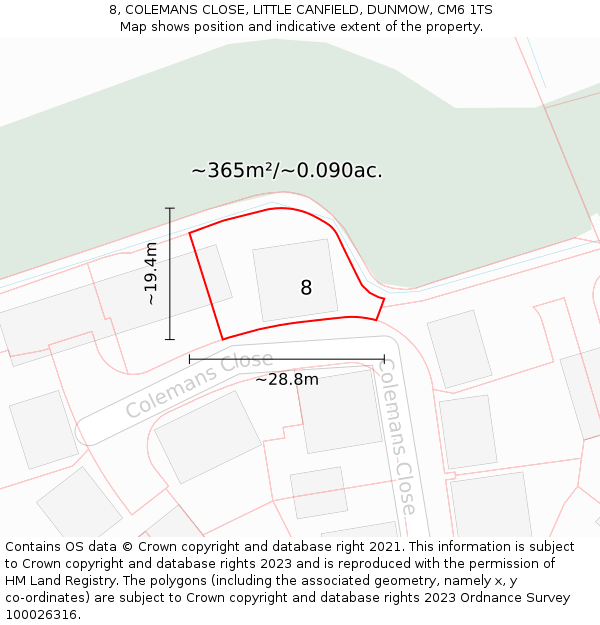 8, COLEMANS CLOSE, LITTLE CANFIELD, DUNMOW, CM6 1TS: Plot and title map