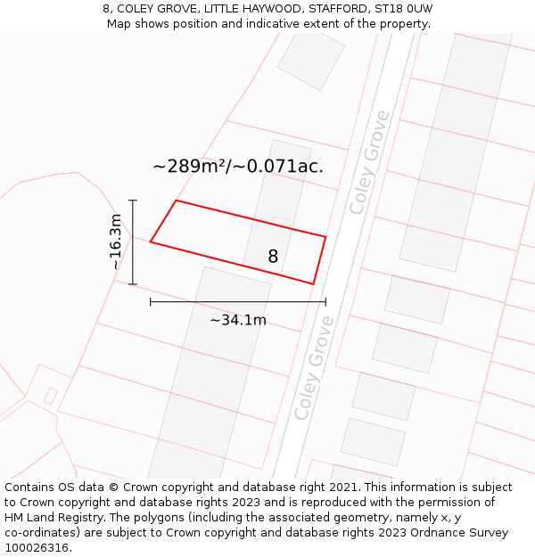 8, COLEY GROVE, LITTLE HAYWOOD, STAFFORD, ST18 0UW: Plot and title map