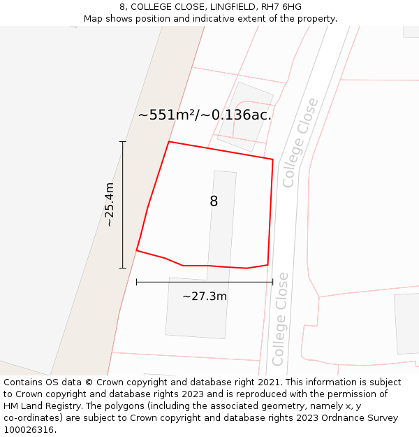 8, COLLEGE CLOSE, LINGFIELD, RH7 6HG: Plot and title map