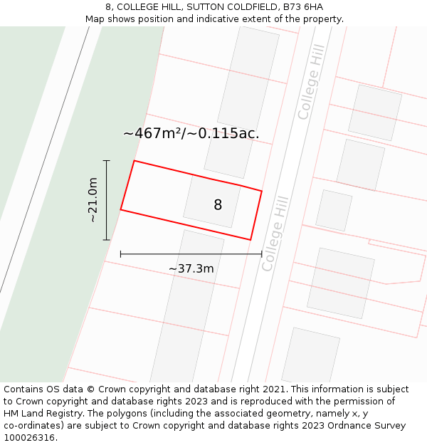 8, COLLEGE HILL, SUTTON COLDFIELD, B73 6HA: Plot and title map