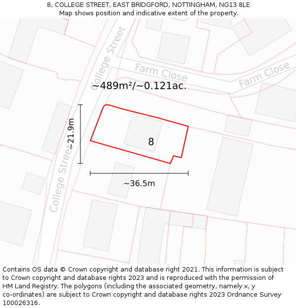 8, COLLEGE STREET, EAST BRIDGFORD, NOTTINGHAM, NG13 8LE: Plot and title map