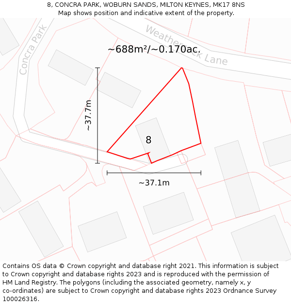 8, CONCRA PARK, WOBURN SANDS, MILTON KEYNES, MK17 8NS: Plot and title map