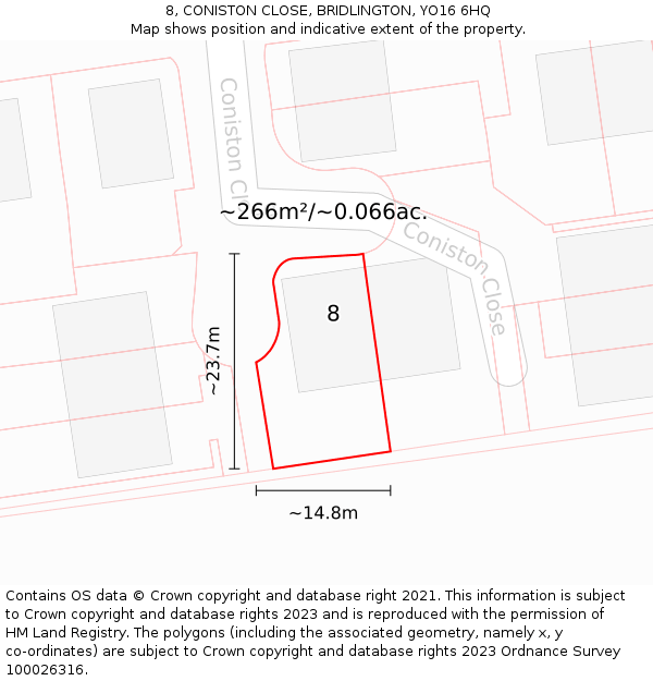 8, CONISTON CLOSE, BRIDLINGTON, YO16 6HQ: Plot and title map