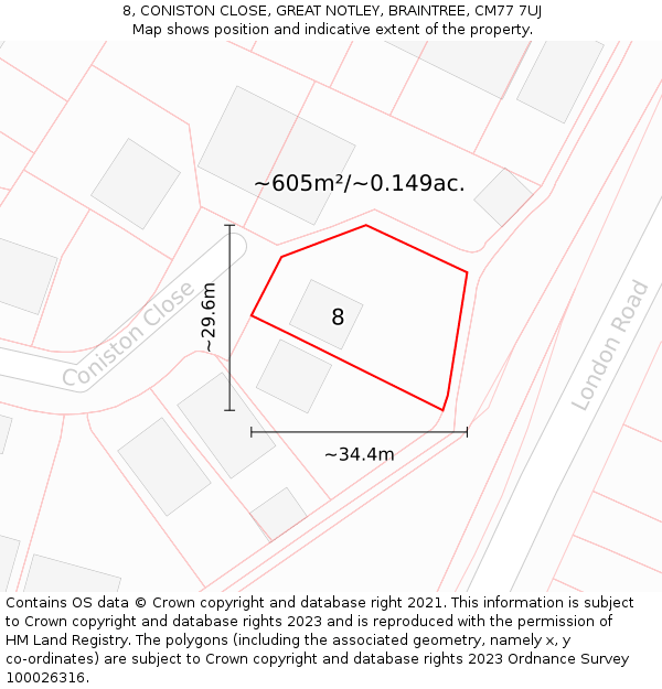 8, CONISTON CLOSE, GREAT NOTLEY, BRAINTREE, CM77 7UJ: Plot and title map