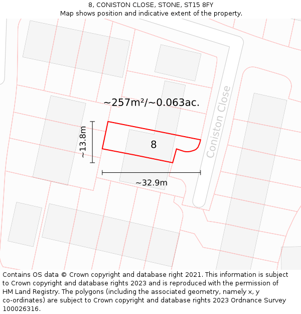 8, CONISTON CLOSE, STONE, ST15 8FY: Plot and title map