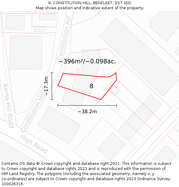 8, CONSTITUTION HILL, BENFLEET, SS7 1ED: Plot and title map