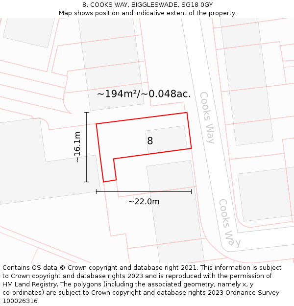 8, COOKS WAY, BIGGLESWADE, SG18 0GY: Plot and title map