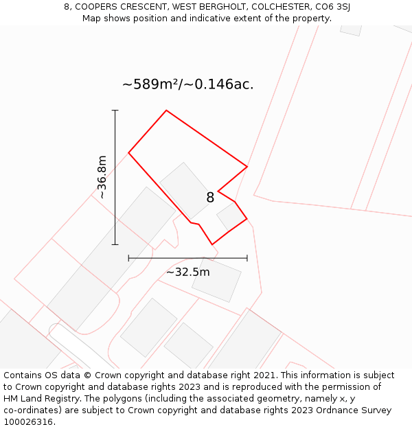 8, COOPERS CRESCENT, WEST BERGHOLT, COLCHESTER, CO6 3SJ: Plot and title map