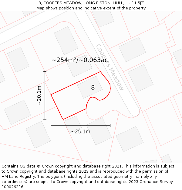 8, COOPERS MEADOW, LONG RISTON, HULL, HU11 5JZ: Plot and title map