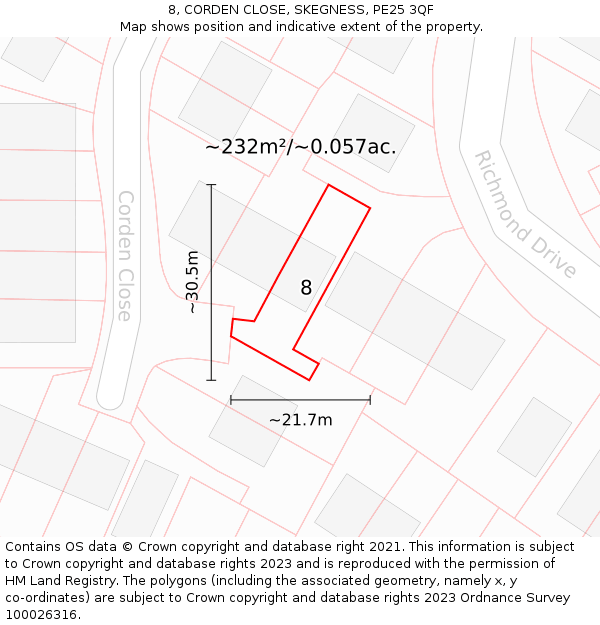 8, CORDEN CLOSE, SKEGNESS, PE25 3QF: Plot and title map