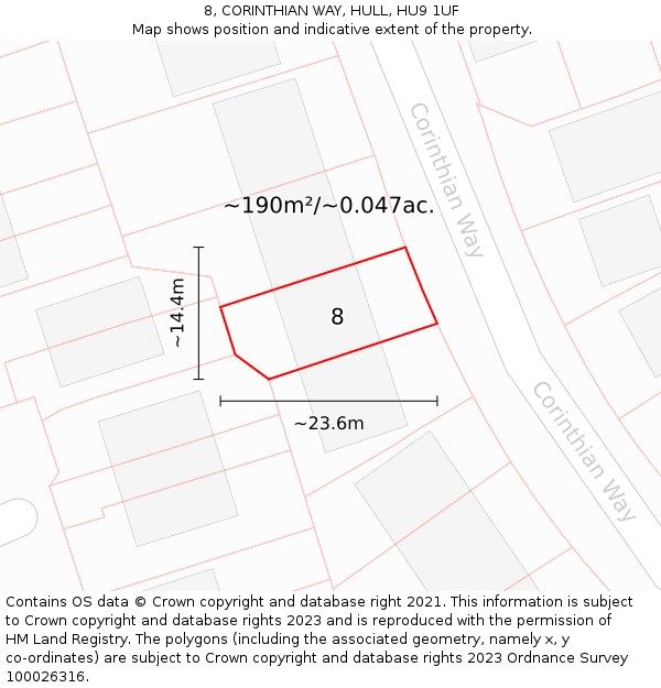 8, CORINTHIAN WAY, HULL, HU9 1UF: Plot and title map