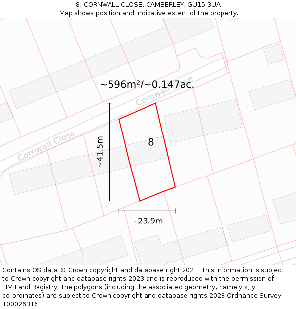 8, CORNWALL CLOSE, CAMBERLEY, GU15 3UA: Plot and title map