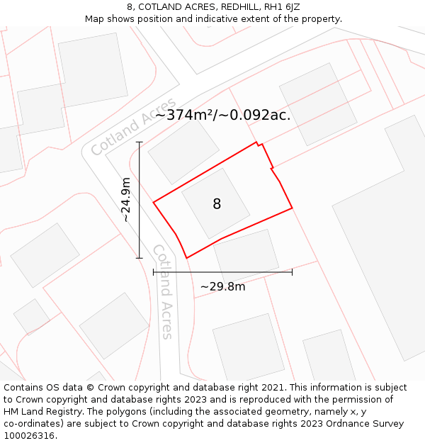 8, COTLAND ACRES, REDHILL, RH1 6JZ: Plot and title map