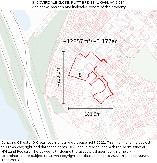 8, COVERDALE CLOSE, PLATT BRIDGE, WIGAN, WN2 5EN: Plot and title map