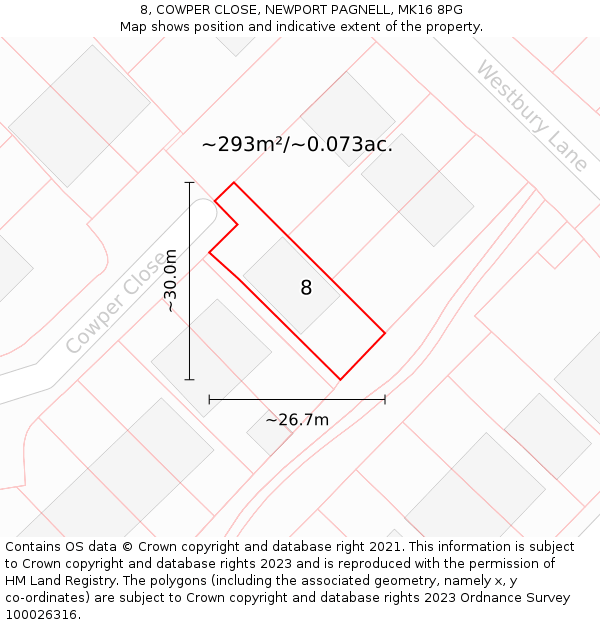 8, COWPER CLOSE, NEWPORT PAGNELL, MK16 8PG: Plot and title map