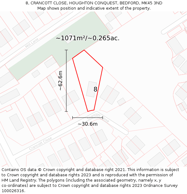 8, CRANCOTT CLOSE, HOUGHTON CONQUEST, BEDFORD, MK45 3ND: Plot and title map