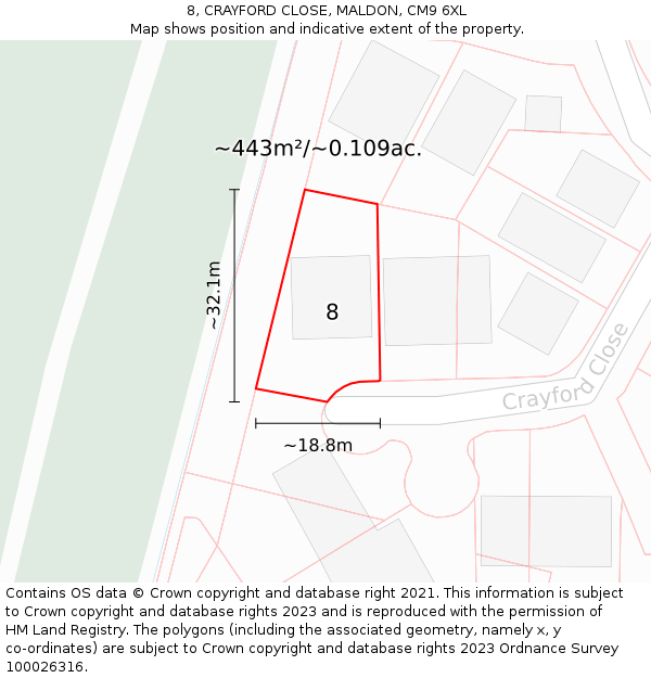 8, CRAYFORD CLOSE, MALDON, CM9 6XL: Plot and title map