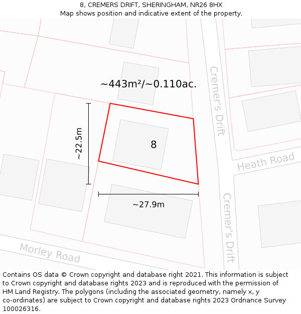 8, CREMERS DRIFT, SHERINGHAM, NR26 8HX: Plot and title map