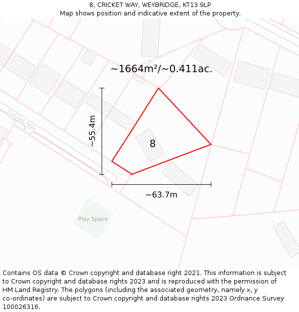 8, CRICKET WAY, WEYBRIDGE, KT13 9LP: Plot and title map