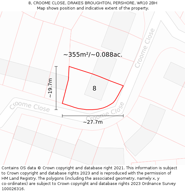 8, CROOME CLOSE, DRAKES BROUGHTON, PERSHORE, WR10 2BH: Plot and title map