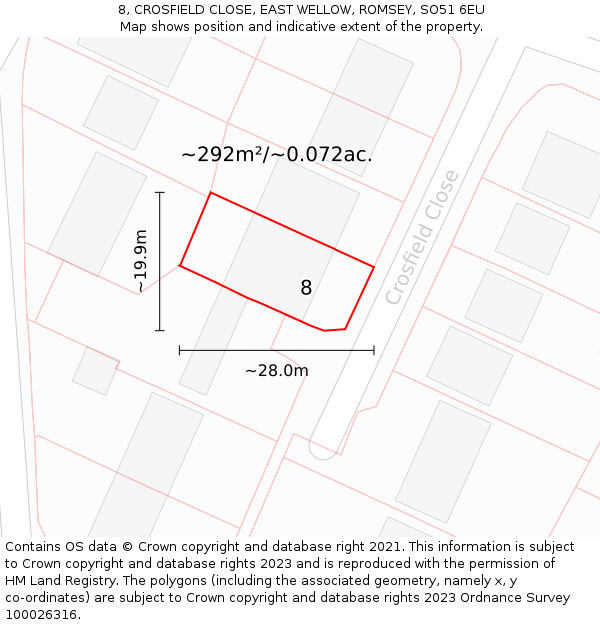 8, CROSFIELD CLOSE, EAST WELLOW, ROMSEY, SO51 6EU: Plot and title map