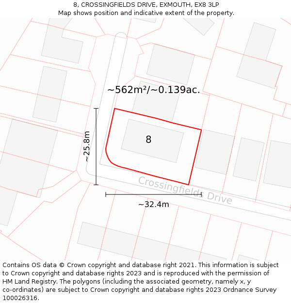 8, CROSSINGFIELDS DRIVE, EXMOUTH, EX8 3LP: Plot and title map