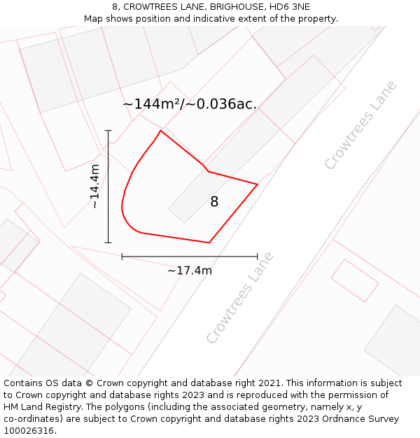 8, CROWTREES LANE, BRIGHOUSE, HD6 3NE: Plot and title map