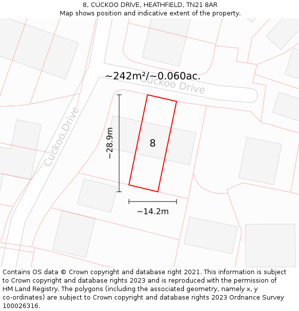 8, CUCKOO DRIVE, HEATHFIELD, TN21 8AR: Plot and title map