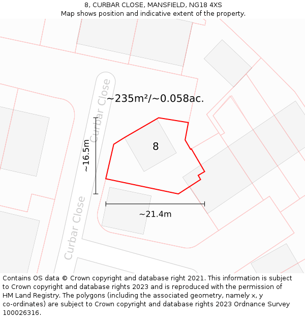 8, CURBAR CLOSE, MANSFIELD, NG18 4XS: Plot and title map