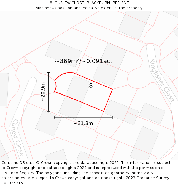 8, CURLEW CLOSE, BLACKBURN, BB1 8NT: Plot and title map