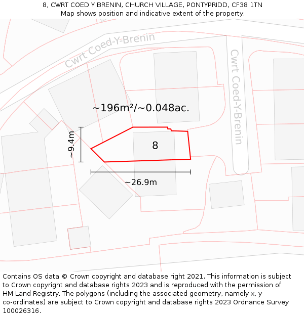 8, CWRT COED Y BRENIN, CHURCH VILLAGE, PONTYPRIDD, CF38 1TN: Plot and title map