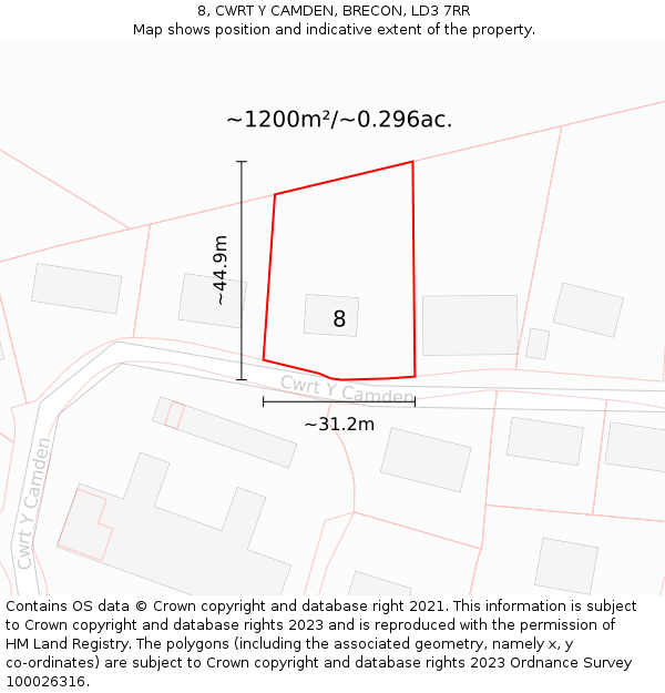 8, CWRT Y CAMDEN, BRECON, LD3 7RR: Plot and title map