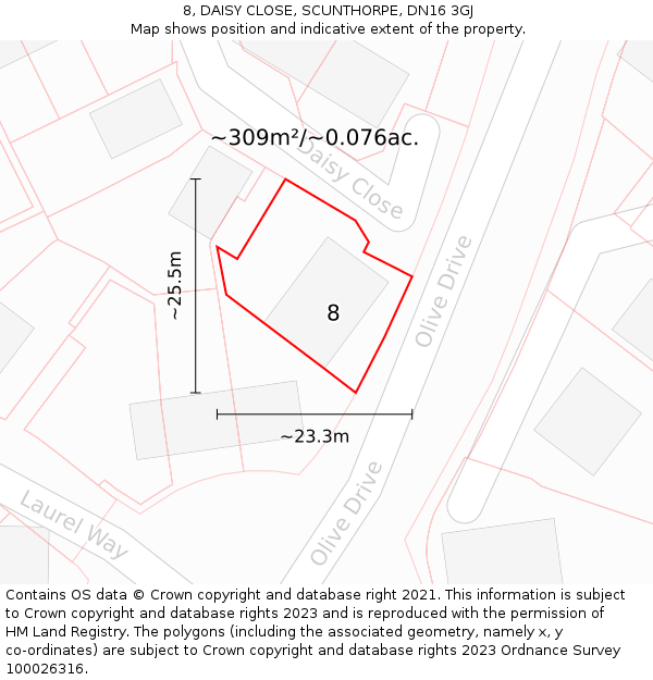 8, DAISY CLOSE, SCUNTHORPE, DN16 3GJ: Plot and title map