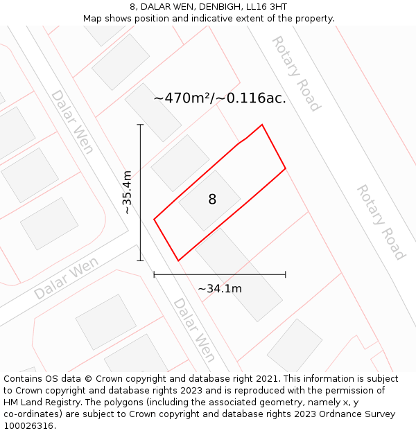 8, DALAR WEN, DENBIGH, LL16 3HT: Plot and title map