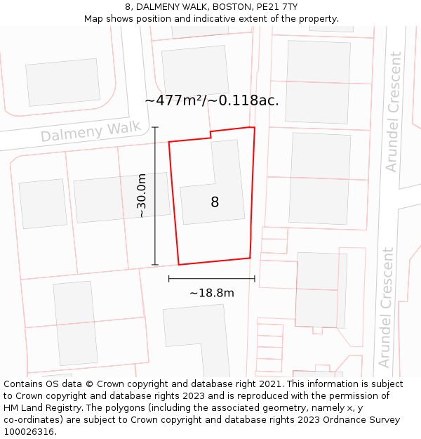 8, DALMENY WALK, BOSTON, PE21 7TY: Plot and title map