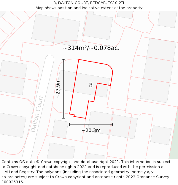 8, DALTON COURT, REDCAR, TS10 2TL: Plot and title map