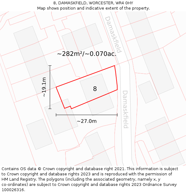 8, DAMASKFIELD, WORCESTER, WR4 0HY: Plot and title map