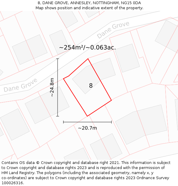 8, DANE GROVE, ANNESLEY, NOTTINGHAM, NG15 0DA: Plot and title map