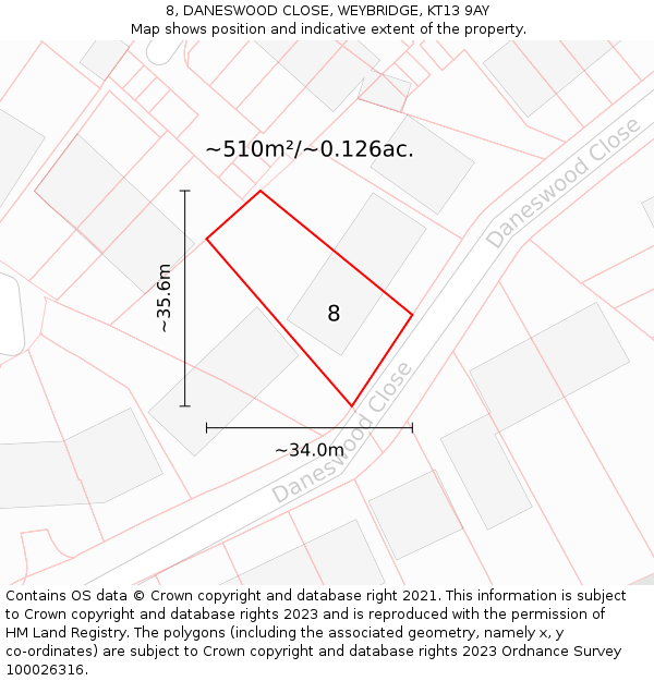 8, DANESWOOD CLOSE, WEYBRIDGE, KT13 9AY: Plot and title map