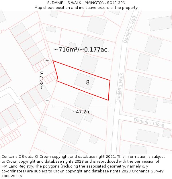 8, DANIELLS WALK, LYMINGTON, SO41 3PN: Plot and title map