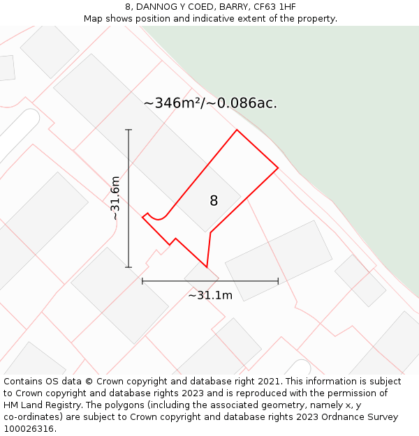 8, DANNOG Y COED, BARRY, CF63 1HF: Plot and title map