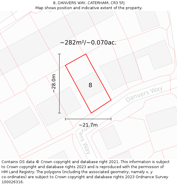 8, DANVERS WAY, CATERHAM, CR3 5FJ: Plot and title map