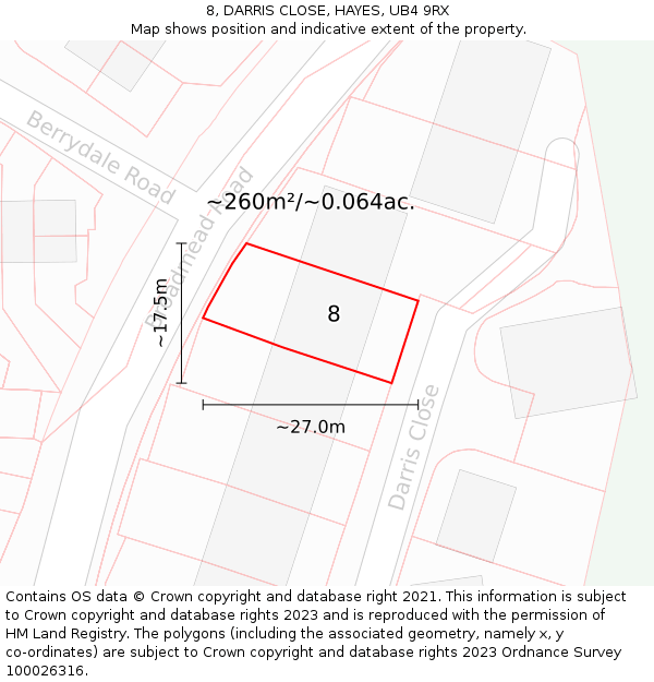 8, DARRIS CLOSE, HAYES, UB4 9RX: Plot and title map