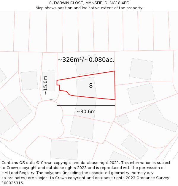 8, DARWIN CLOSE, MANSFIELD, NG18 4BD: Plot and title map